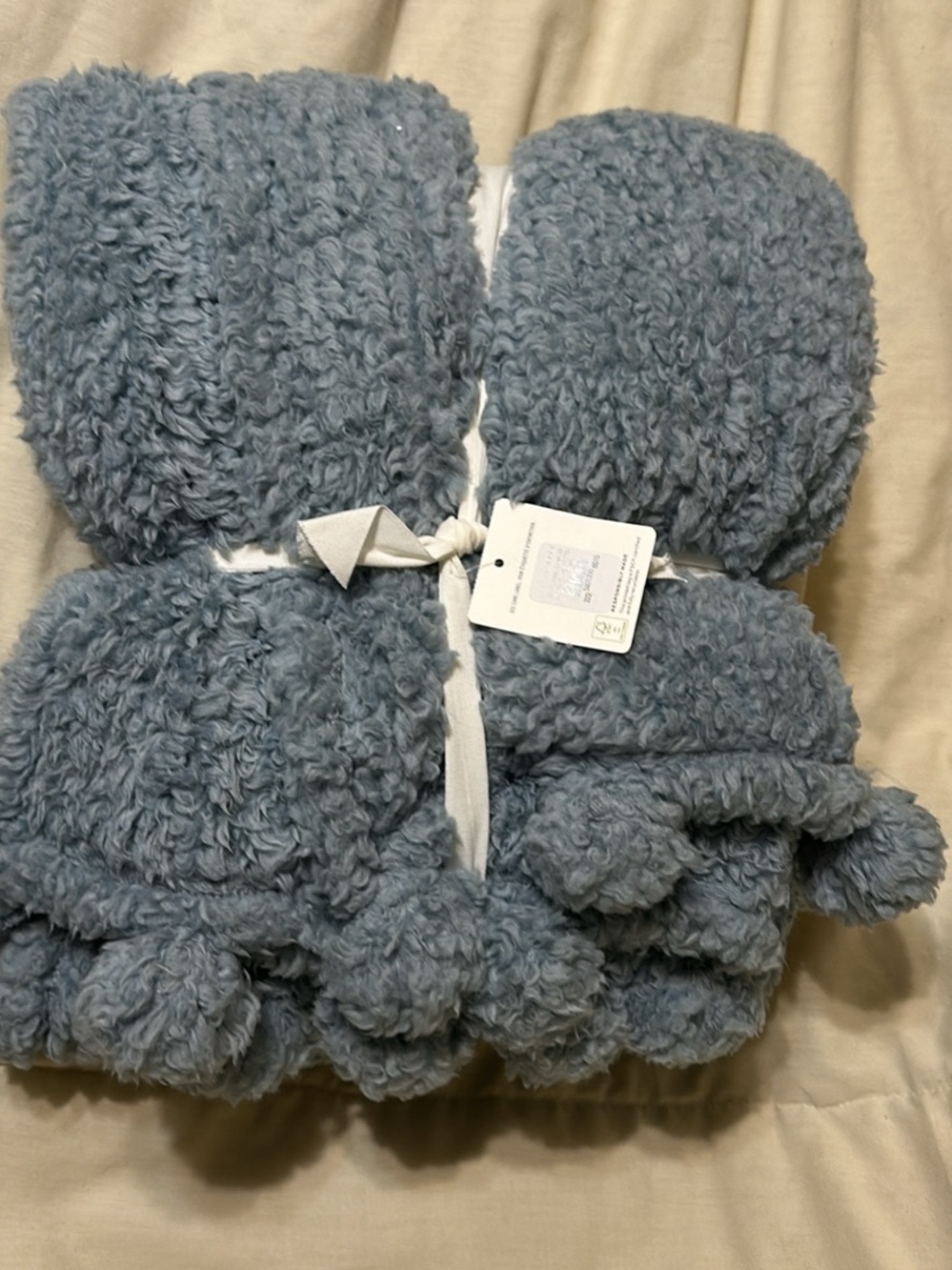 NWT Pottery Barn Cozy Pom Pom Throw Blanket Slate Blue 50x60 Sherpa Plush